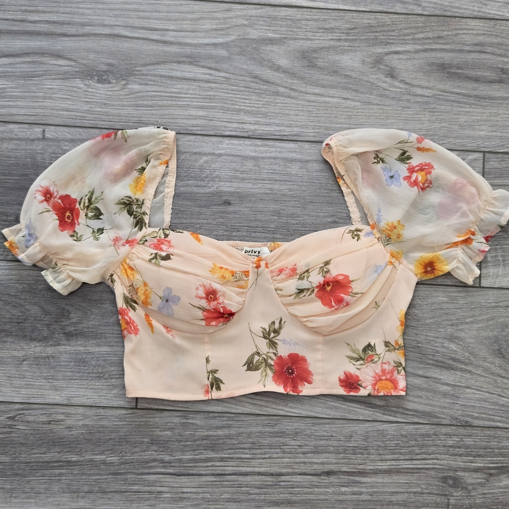 Privy Cream Puff Sleeve Floral Crop Top Women M Sweetheart Boho Romantic Summer